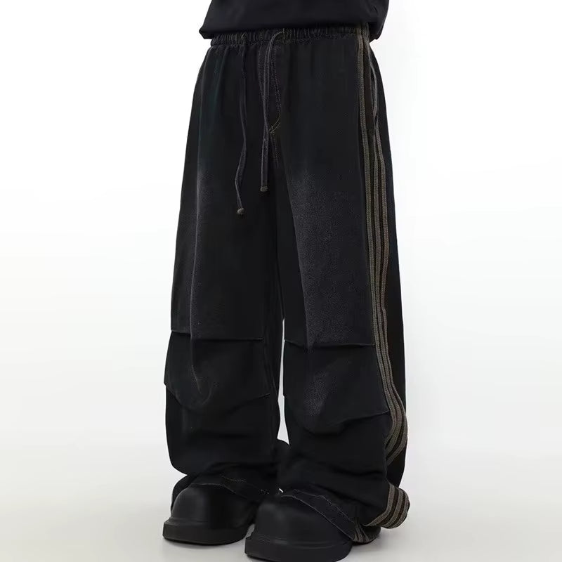 2024 Ropa Y2K Fashion Elastic Waist Striped Pleated Baggy Jeans Pants for Men Clothes Washed Black Wide Leg Women Long Trousers