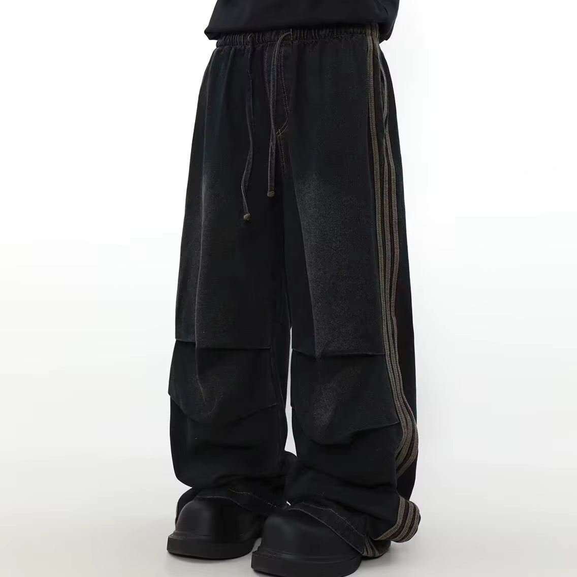 2024 Ropa Y2K Fashion Elastic Waist Striped Pleated Baggy Jeans Pants for Men Clothes Washed Black Wide Leg Women Long Trousers