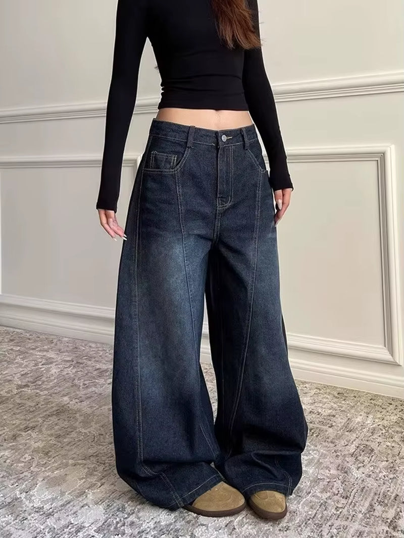 2025 Ropa Y2K Fashion Letter Embroidery Vintage Dark Blue Baggy Jeans Pants Women Clothing New Rock Wide Leg Lady Denim Trousers