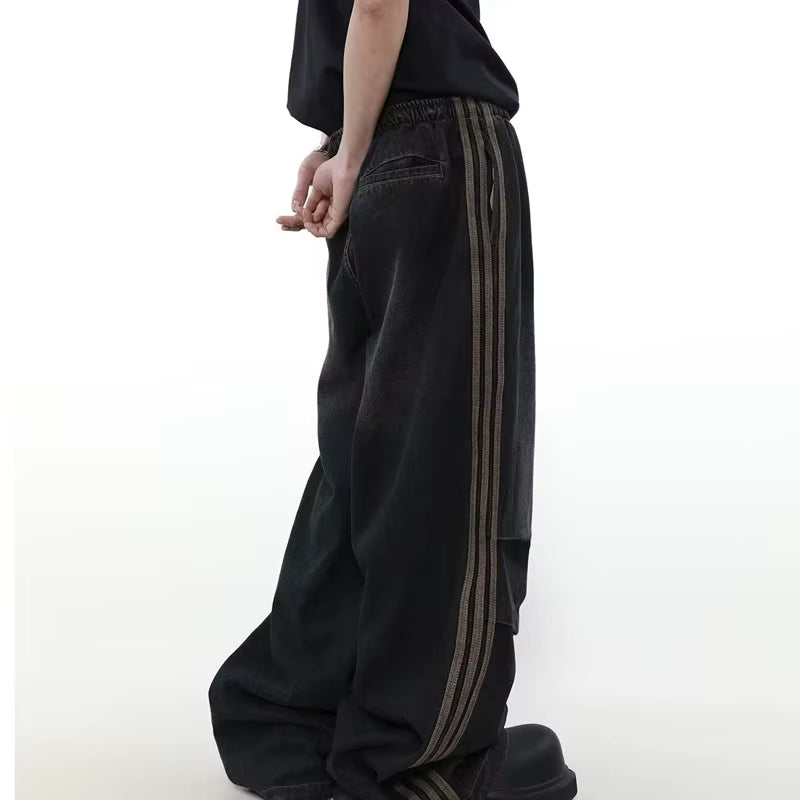 2024 Ropa Y2K Fashion Elastic Waist Striped Pleated Baggy Jeans Pants for Men Clothes Washed Black Wide Leg Women Long Trousers