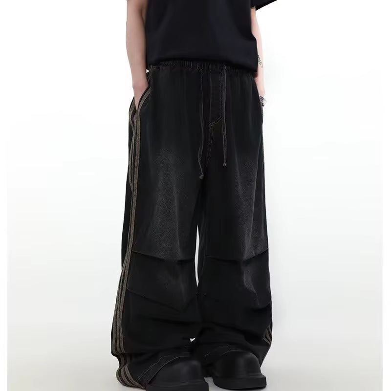 2024 Ropa Y2K Fashion Elastic Waist Striped Pleated Baggy Jeans Pants for Men Clothes Washed Black Wide Leg Women Long Trousers