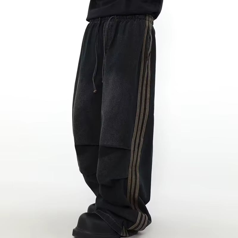 2024 Ropa Y2K Fashion Elastic Waist Striped Pleated Baggy Jeans Pants for Men Clothes Washed Black Wide Leg Women Long Trousers