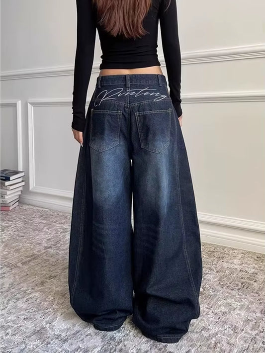 2025 Ropa Y2K Fashion Letter Embroidery Vintage Dark Blue Baggy Jeans Pants Women Clothing New Rock Wide Leg Lady Denim Trousers