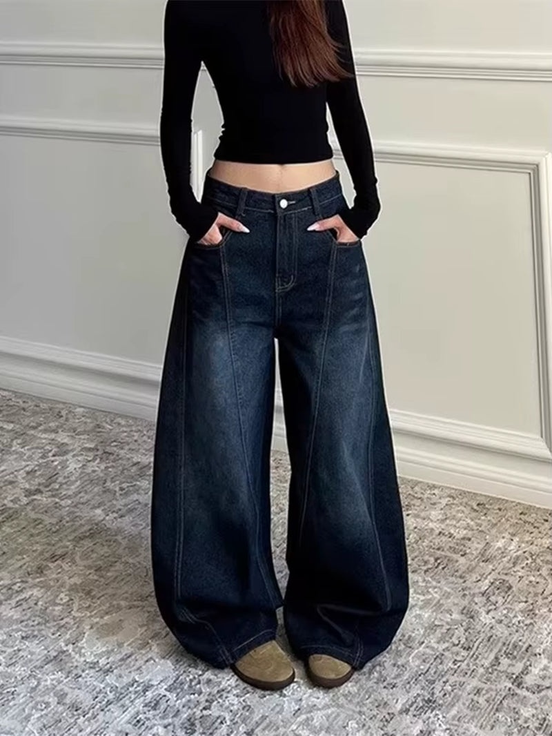 2025 Ropa Y2K Fashion Letter Embroidery Vintage Dark Blue Baggy Jeans Pants Women Clothing New Rock Wide Leg Lady Denim Trousers