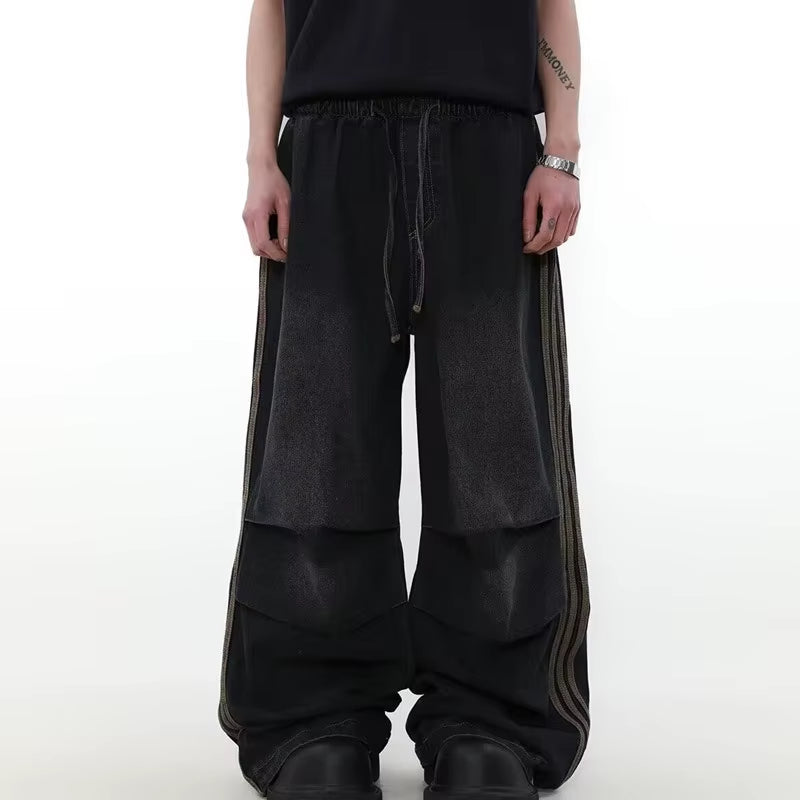 2024 Ropa Y2K Fashion Elastic Waist Striped Pleated Baggy Jeans Pants for Men Clothes Washed Black Wide Leg Women Long Trousers