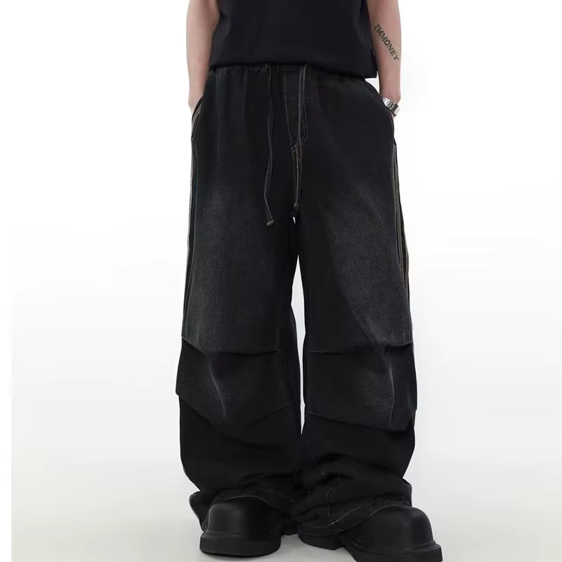 2024 Ropa Y2K Fashion Elastic Waist Striped Pleated Baggy Jeans Pants for Men Clothes Washed Black Wide Leg Women Long Trousers