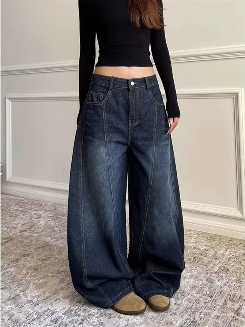 2025 Ropa Y2K Fashion Letter Embroidery Vintage Dark Blue Baggy Jeans Pants Women Clothing New Rock Wide Leg Lady Denim Trousers