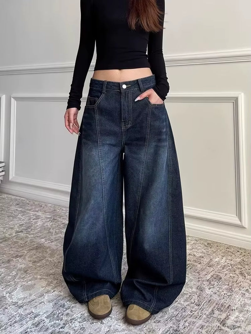 2025 Ropa Y2K Fashion Letter Embroidery Vintage Dark Blue Baggy Jeans Pants Women Clothing New Rock Wide Leg Lady Denim Trousers